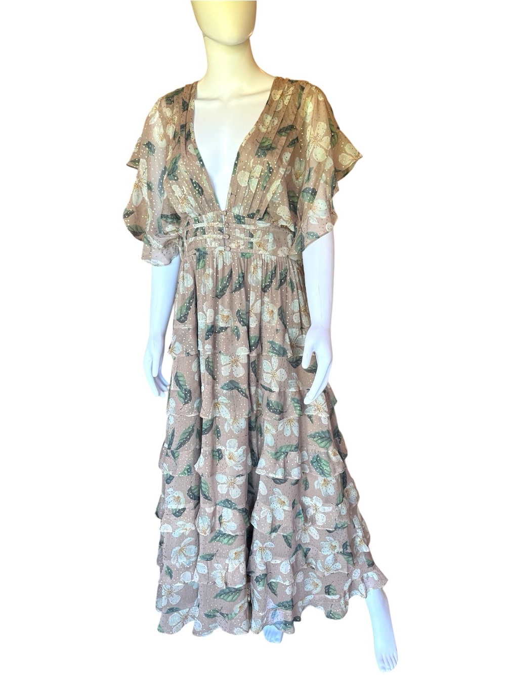 Storia Taupe Floral V-Neck Tiered Maxi Dress with Green Leaves